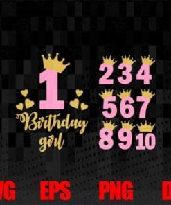 1-10 Numbers, Birthday Pink Number font, Birthday Princess, Birthday Girl, Gold Crown, Birthday Party, Layered SVG, DXF, PNG, EPS