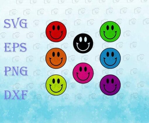 90s smiley face pack, Vintage 90's Smiley Face, Colorful Face, Emotion Icon, Emoji, Layered SVG, DXF, PNG, EPS