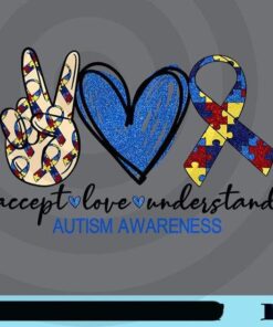 Accept, Love, Understand, Autism Awareness, V Sign, Hand Drawn, Blue Heart, Puzzle Pieces, Autism Day, Customizable Png