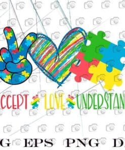 Autism Awareness, Hand Drawn, Puzzle Pieces, Accept, Love, Understand,Xoxo
