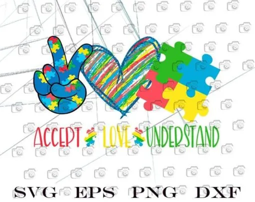 Autism Awareness, Hand Drawn, Puzzle Pieces, Accept, Love, Understand,Xoxo