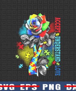 Autism Rose, Accept, Understand, Love, Rose Puzzle Pieces, Autism Awareness, Autism Month, Gift for Autism Girl, Customizable Png