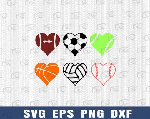 Baseball Heart, Football Heart, Basket Ball Heart, Sport Fans, Gift for Father, Gift for Boyfriend Layered Svg Eps Png Dxf