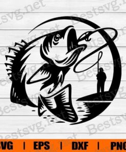 Bass Jumping , Fisherman Catching Fish, Bass Fishing Clipart, Fishing Hook , Fishing Lover , Svg Eps Png Dxf