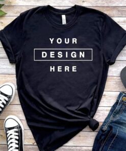 Bella Canvas 3001 Black T-Shirt Mockup Rolled Sleeves Flat Lay Tee Shirt Mock up High Resolution 300dpi Square & Rectangular Ratio JPG