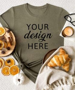 Bella Canvas 3001 mockup. Bella Canvas heather olive shirt mockup. Tshirt mockup. Mockup model. Shirt mockup. Fall mockup. Flat lay mockup.