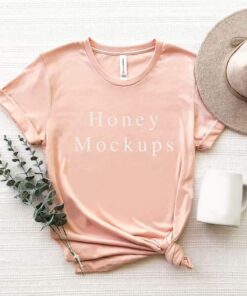 Bella Canvas 3001CVC Shirt Mockup, Bella Canvas Heather Peach T-Shirt Mockup Flat Lay, Summer Bella Canvas Mockup, Flat Lay Coffee Cup