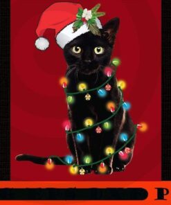 Black Santa Cat Tangled Up In Lights Christmas Santa Illustration, Happy Christmas X-mas, Christmas Day, Christmas Gift, Customizable PNG