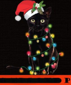 Black Santa Cat Tangled Up In Lights Christmas Santa Illustration Sticker, Merry Christmas, Christmas Day, Christmas Cat Customizable PNG