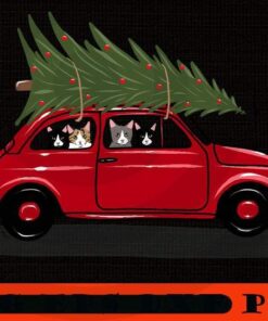 Bringing Home the Christmas Tree, Red Car , Merry Christmas, Christmas Cat, Christmas Day Customizable PNG