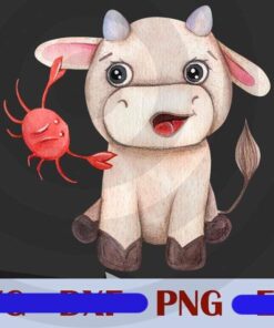 Cancer Bulls Zodiac cute animal Watercolor Design Bundles Customizable PNG