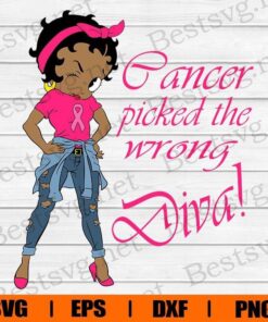 Cancer Picked The Wrong Diva , Betty Boop Breast Cancer , Breast Cancer , Black Betty Boop , Cancer , Svg Eps Png Dxf