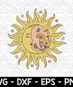 Celestial sun moon Distressed Retro flower Inspirational Vintage butterfly Positive motif Retro sun Customizable Layered Svg, Svg Eps Png Dxf