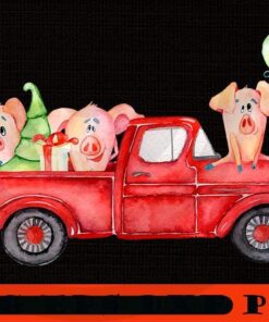 Christmas Retro Truck with Tree and Cute Pigs, Happy Christmas X-mas, Christmas Truck, Christmas Day, Christmas Gift, Customizable PNG