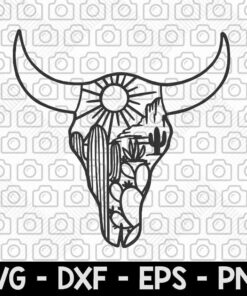 Cow Skull Desert SVG file, Cow Skull Cactus svg file, Cow Skull svg file, Cow Skull Desert cut file, Southwest, Boho svg, longhorn, buffalo Retro Vintage Halloween Art Customizable Layered Svg, Svg Eps Png Dxf