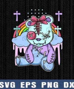 Creepy Cute Pastel Goth Teddy Bear Voodoo Doll For Teens, Creep Bear, Teddy Bear, Cross, Raibow SVG PNG DXF, EPS, PDF