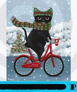 Cute Black Cat Christmas Bicycle Ride, Merry Christmas, Christmas Day, Christmas Cat Customizable PNG