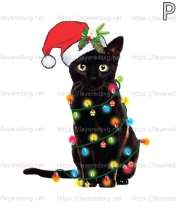 Cute Black Santa Cat Tangled Up In Lights Christmas Santa Illustration Classic Customizable PNG