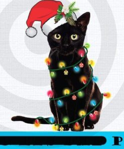 Cute Black Santa Cat Tangled Up In Lights Christmas Santa, Merry Christmas, Christmas Day, Christmas Black Cat Customizable PNG