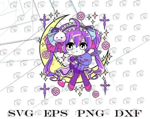 Cute Chibi Kawaii Anime Girls Pastel Goth for Kids, Cute Anime Girl, Girl with Bunny, Bunny Lovers, SVG PNG DXF, EPS, PDF
