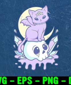 Cute Creepy Kawaii Pastel Goth Cute Creepy Witchy Cat and Skull, Cute and creepy, wiccan cat, pagan occult gothic wicca witch design Layered Svg Eps Png Dxf