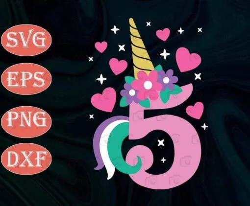 Cute Fifth Birthday Unicorn Svg, Unicorn Number Five , Unicorn 5th Birthday, Cute Unicorn, Birthday Gift, Gift for Little Girl, Layered Svg Eps Png Dxf