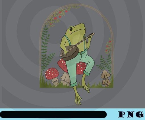 Cute Frog Playing Banjo on Mushroom, Cottagecore Aesthetic, Cottagecore Frog, rog Sitting on Mushroom funny animal music Customizable Png
