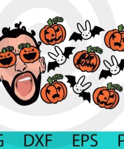 Cute Funny Bad Bunny, Puerto Rican rapper, Rap Music Lover, Pumpkin Sunglasses, Bats and Pumpkin, Happy 2021 Halloween Customizable Layered Svg, Svg Eps Png Dxf
