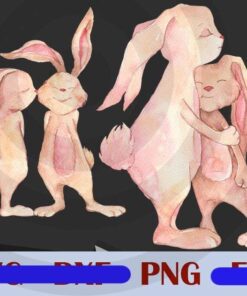 Cute Funny Bunny Mom Bunny Friend Easter Day cute animal Watercolor Design Bundles Customizable PNG