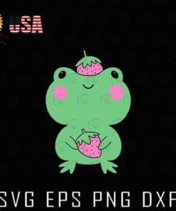 Cute Green Strawberry Frog with Pink Strawberry Hat, Cute Frog, Pink Strawberry, Cute Little Green Frog, Animated Frog,animal, cartoon, Layered SVG, DXF, PNG, EPS