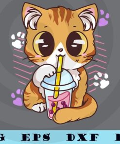 Cute Kawaii Cat Boba Bubble Milk Tea Anime Kitten T-Shirt Customizable Layered Svg, Svg Eps Png Dxf