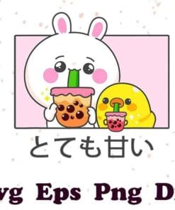 Cute Kawaii cute anime bunny and duck drinking bubble tea, Love Milk Tea, Cute Little Duck, Bunny Lovers SVG PNG DXF, EPS, PDF