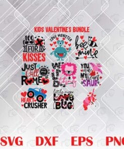 Cute Kids Valentine's Bundle, Kids Valentine's Day, Monster, Cute Tiger, Wild Things, Bee Mine, Little Miss Love Bug, You Make My Heart SaurLayered Svg, Svg Eps Png Dxf