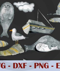 Cute north sea boat bird fish cloud animal watercolor Design Bundles Customizable Layered Svg, Svg Eps Png Dxf