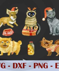 Cute Pets and Christmas , Lovely Dog and cat Design Bundles Customizable Layered Svg, Svg Eps Png Dxf