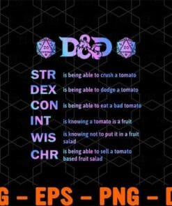 D&D Stats Explained With Tomatoes, Strength, Dexterity, Constitution, Intelligence, Wisdom, Charisma, Dungeons & Dragons, funny, Layered Svg Eps Png Dxf