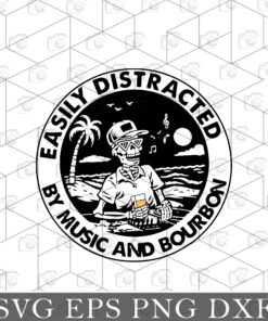 Easily Distracted By Music And Bourbon ,Skeleton, Skull, Summer Vacation, Beach , Music Notes, Coconut Trees Layered Svg, Svg Eps Png Dxf