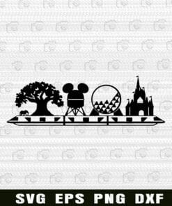 Florida Disney Parks Landmarks Combo, Monorail, Magic Kingdom, Epcot, Hollywood Studios, Animal Kingdom Tree Layered Svg Eps Png Dxf
