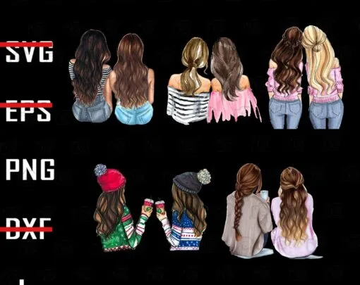 Friends, BFF, Beautiful Girls, Bundle Girl, Couple Girl, Gift for Friends, Long Blond Hair, Best Friend, 5 Png Design