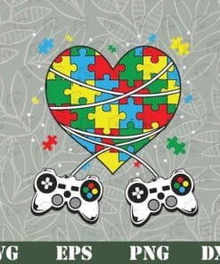 Gamer Autism Heart, Gamer Gift, Autism Awareness Month, Autism Day, Kids Gift, Puzzle Heart, Layered SVG, DXF, PNG, EPS