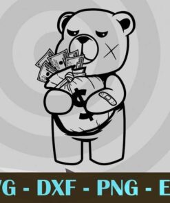 Gangster Teddy Bear Money Bag SVG Design Thug Dollar Sign Gold Necklace Rich Savage Hip Hop Rap Rapper Cartoon Animal , Customizable Layered Svg, Svg Eps Png Dxf