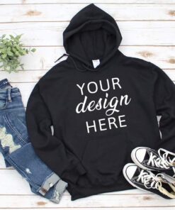 Gildan 18500 Hooded Sweatshirt Brand Black hoodie Mockup t-shirt mockup gildan Flat Lay Shirt Mock Up White Wooden Background