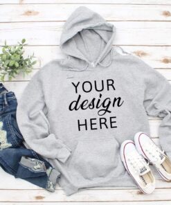 Gildan 18500 Hooded Sweatshirt Brand Sport Grey hoodie Mockup t-shirt mockup gildan Flat Lay Shirt Mock Up White Wooden Background
