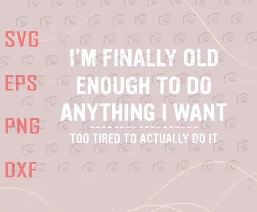 I'm Finally Old Enough To Do Anything I Want, Too Tired To Actually Do It, funny Quotation, Layered SVG, DXF, PNG, EPS