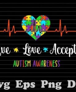 Live Love Accept Autism Awareness Heartbeat Blue Autism Mom, Puzzle Heart, Autism Heartbeat, SVG PNG DXF, EPS, PDF
