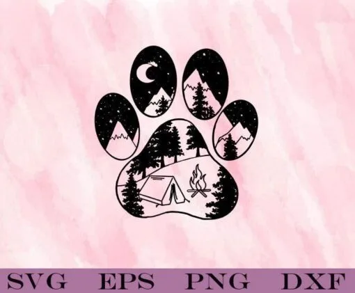 Love Camping, Dog Footprint Art, Campfire, Gift For Camper, Go To Mountain, Layered Svg Eps Png Dxf