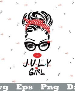 Messy Bun Girl, July Girl, Winkled eye Girl, July birthday, Girl with Dot Headband, Bun Hair, Layered SVG, DXF, PNG, EPS