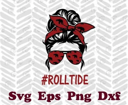 Messy Bun Hair Woman, Roll Tide Life, Mom Life, Girl with Red Bandana, Alabama Crimson, Alabama Athletics, Layered SVG, DXF, PNG, EPS