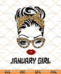 Messy Bun January Girl Svg, Wink Eye Woman Face Svg, Leopard Bandana Svg, Birthday Girl, Customizable Layered Svg, Png, Dxf, Eps