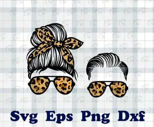 Messy Bun Mom And Son, Momlife, Kidlife, Messy Bun Hair, Momster, Bun Hair Girl, Leopard Glasses, Layered SVG, DXF, PNG, EPS